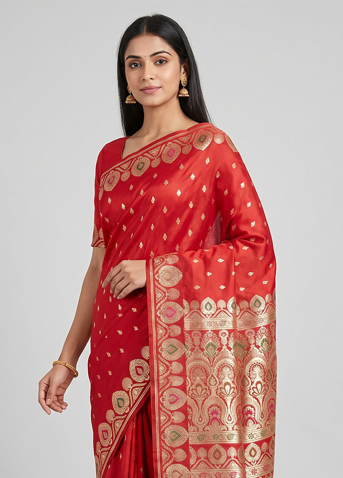 Red Handloom Banarasi Pure Silk Saree With Blouse Piece