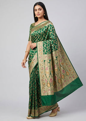 Green Handloom Banarasi Pure Silk Saree With Blouse Piece