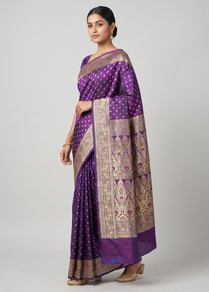 Purple Handloom Banarasi Pure Silk Saree With Blouse Piece