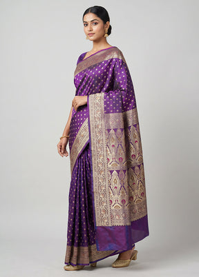 Purple Handloom Banarasi Pure Silk Saree With Blouse Piece