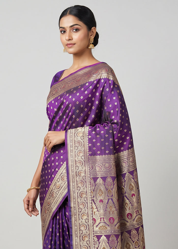 Purple Handloom Banarasi Pure Silk Saree With Blouse Piece