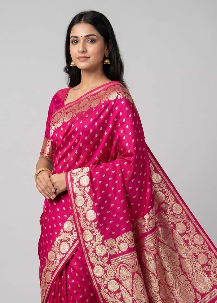 Pink Handloom Banarasi Pure Silk Saree With Blouse Piece