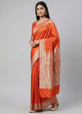 Orange Handloom Banarasi Pure Silk Saree With Blouse Piece