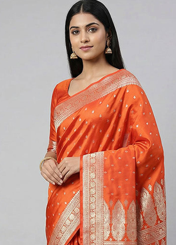 Orange Handloom Banarasi Pure Silk Saree With Blouse Piece