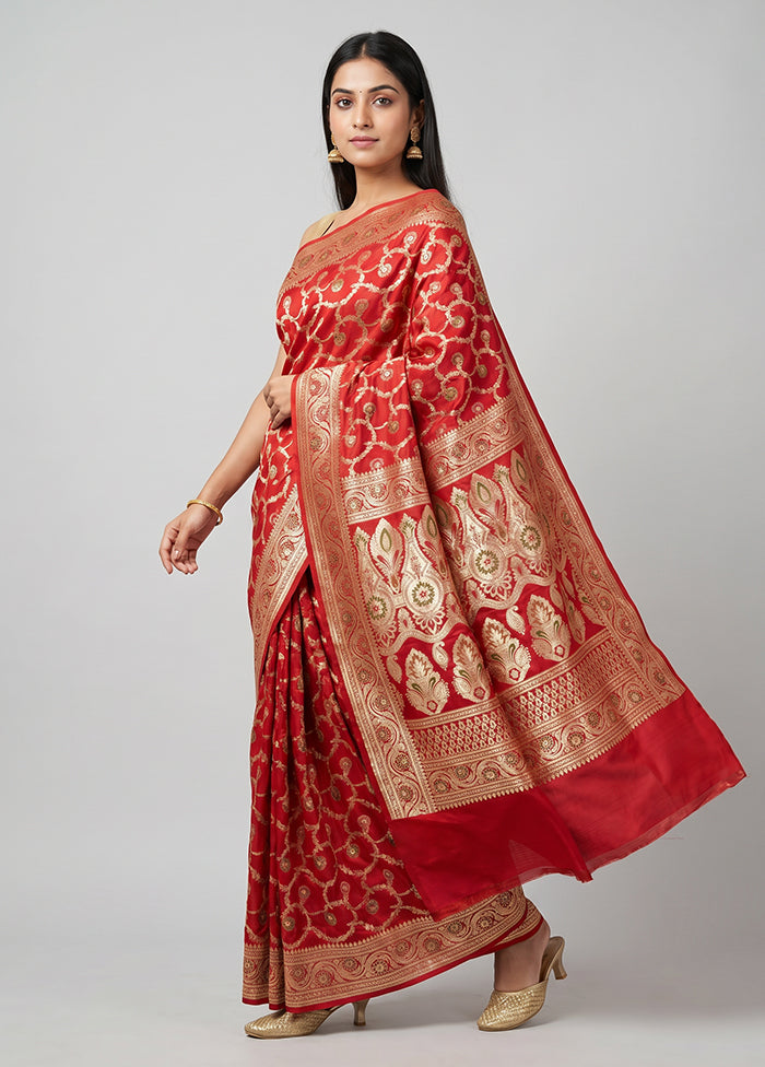 Red Handloom Katan Pure Silk Saree With Blouse Piece