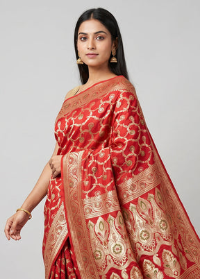 Red Handloom Katan Pure Silk Saree With Blouse Piece