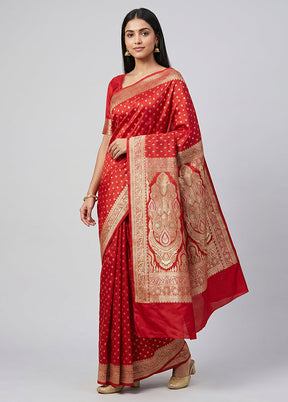 Red Handloom Banarasi Pure Silk Saree With Blouse Piece