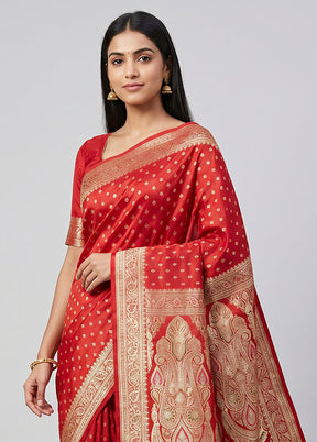 Red Handloom Banarasi Pure Silk Saree With Blouse Piece