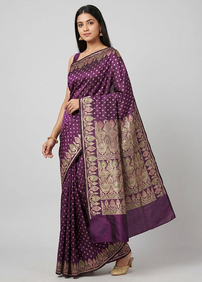 Purple Handloom Banarasi Pure Silk Saree With Blouse Piece