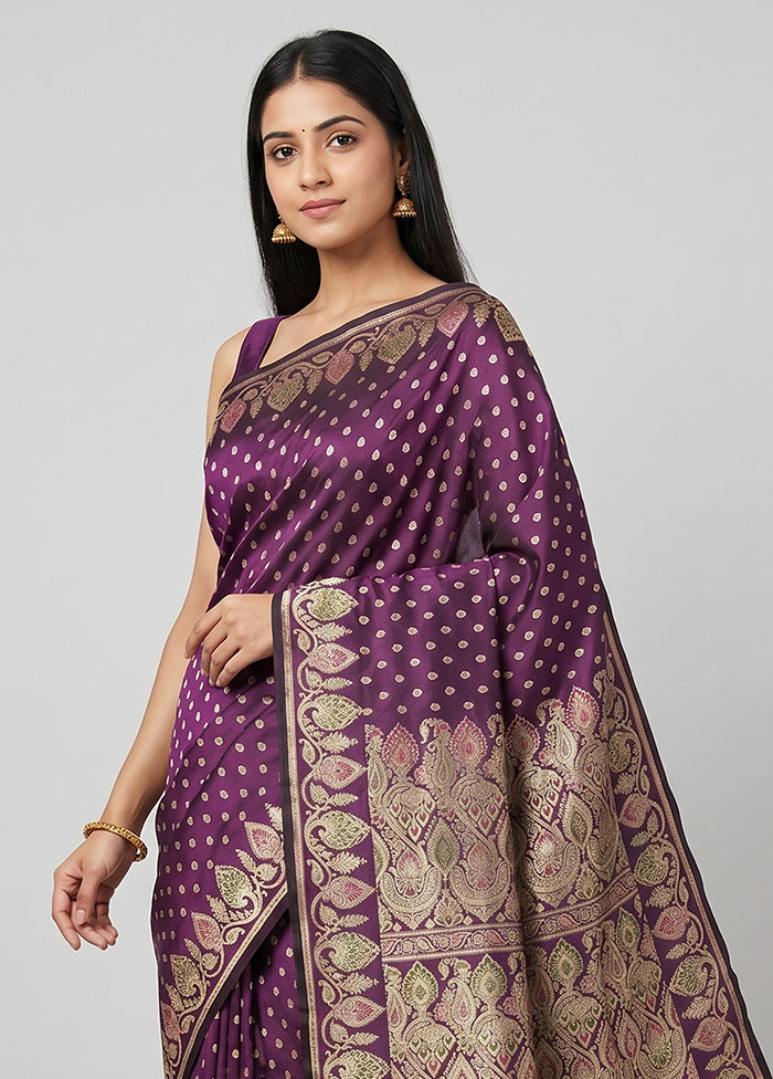 Purple Handloom Banarasi Pure Silk Saree With Blouse Piece