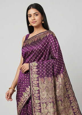 Purple Handloom Banarasi Pure Silk Saree With Blouse Piece