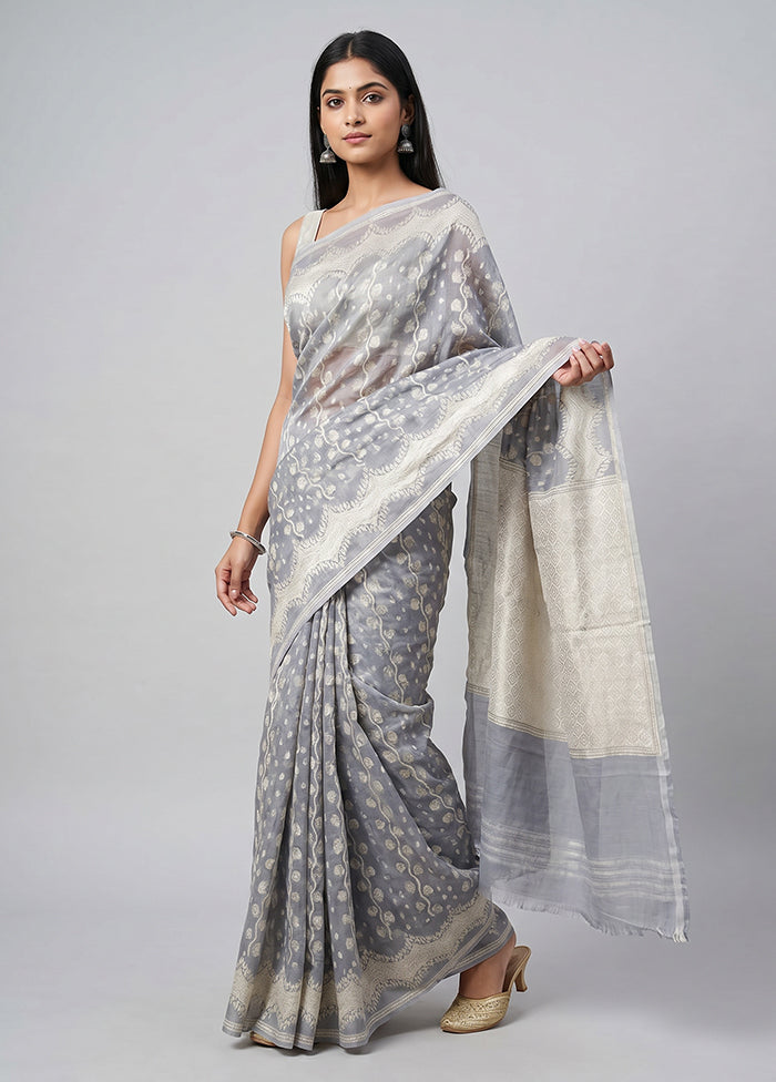 Grey Kora Silk Saree With Blouse Piece