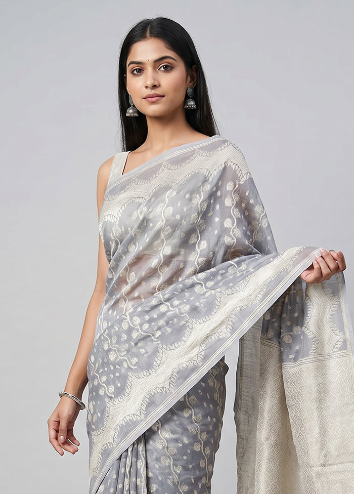 Grey Kora Silk Saree With Blouse Piece