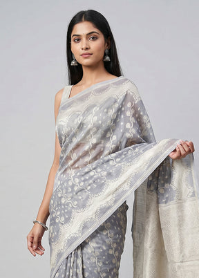 Grey Kora Silk Saree With Blouse Piece