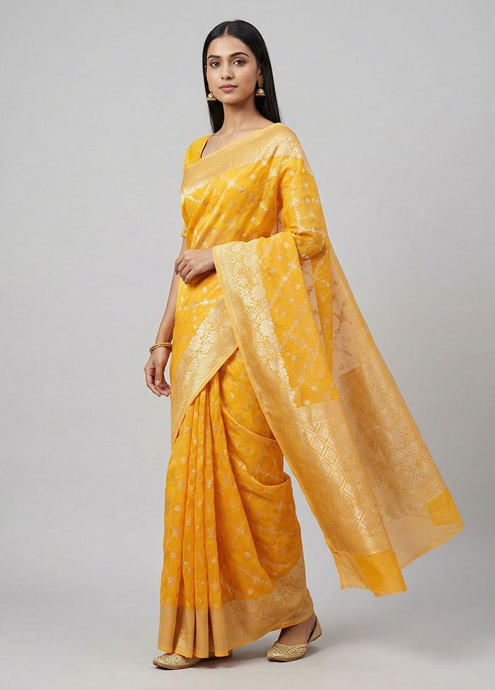 Yellow Kora Silk Saree With Blouse Piece