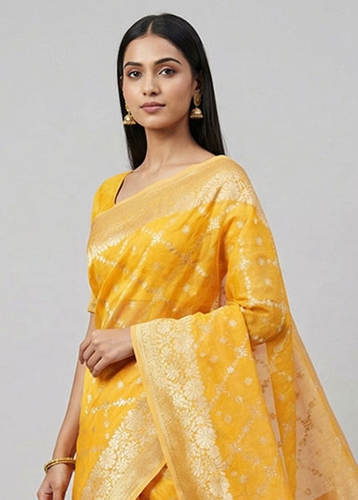 Yellow Kora Silk Saree With Blouse Piece