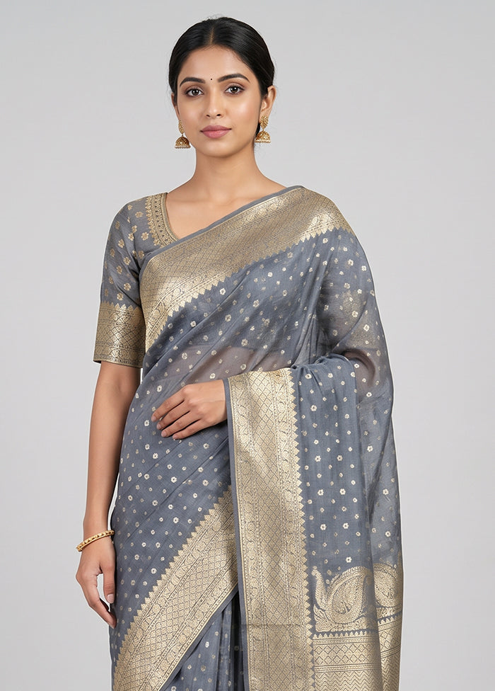 Grey Kora Silk Saree With Blouse Piece