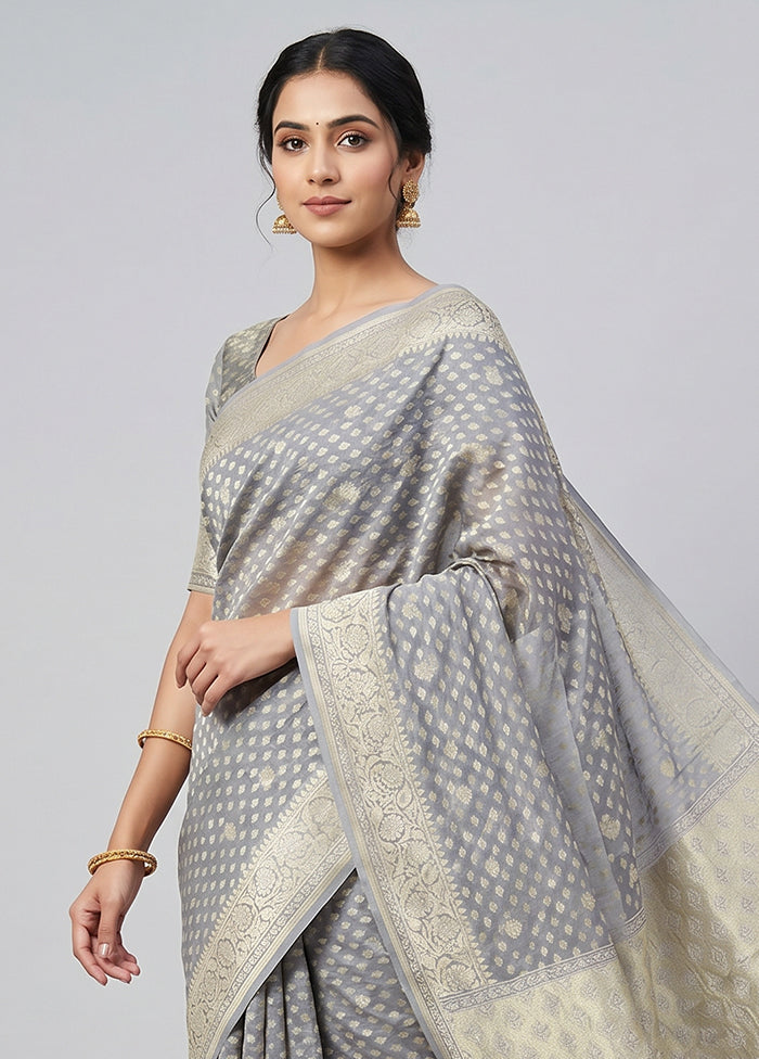 Grey Kora Silk Saree With Blouse Piece