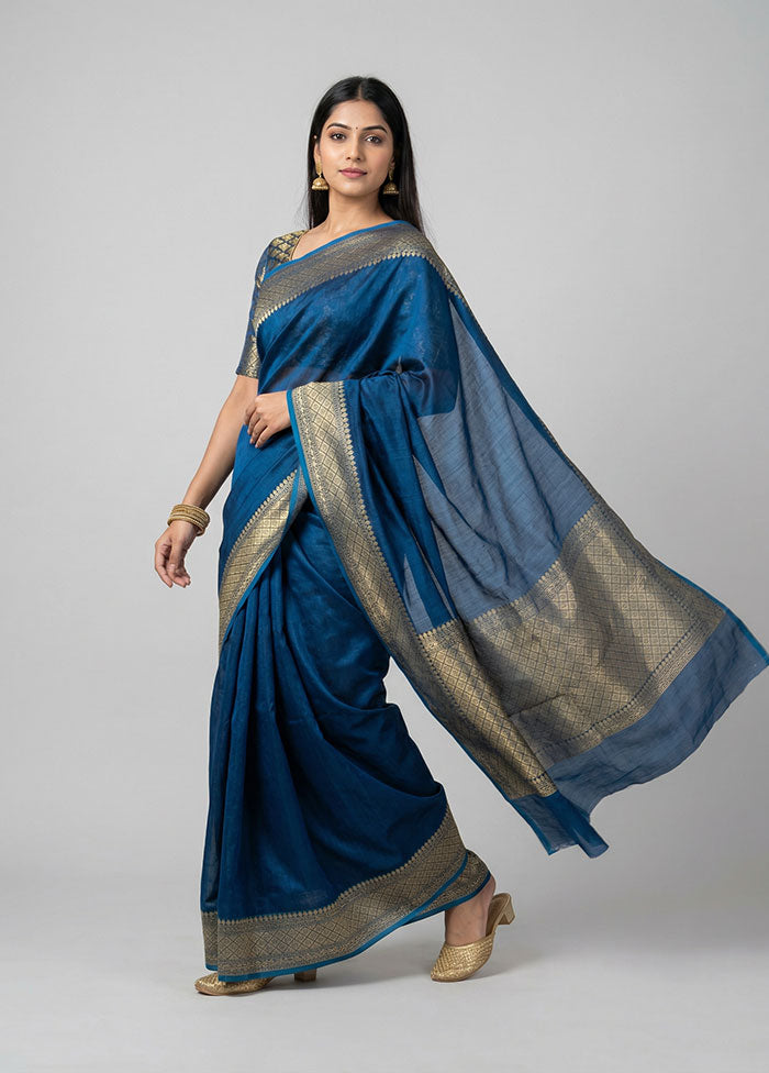 Blue Kora Silk Saree With Blouse Piece