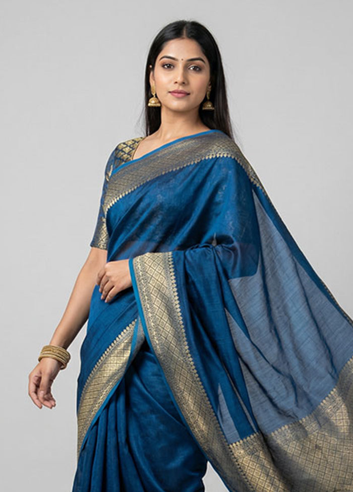 Blue Kora Silk Saree With Blouse Piece
