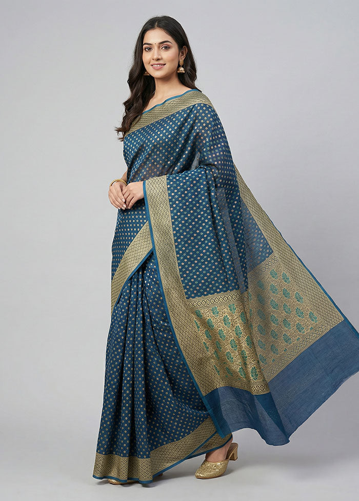 Blue Kora Silk Saree With Blouse Piece