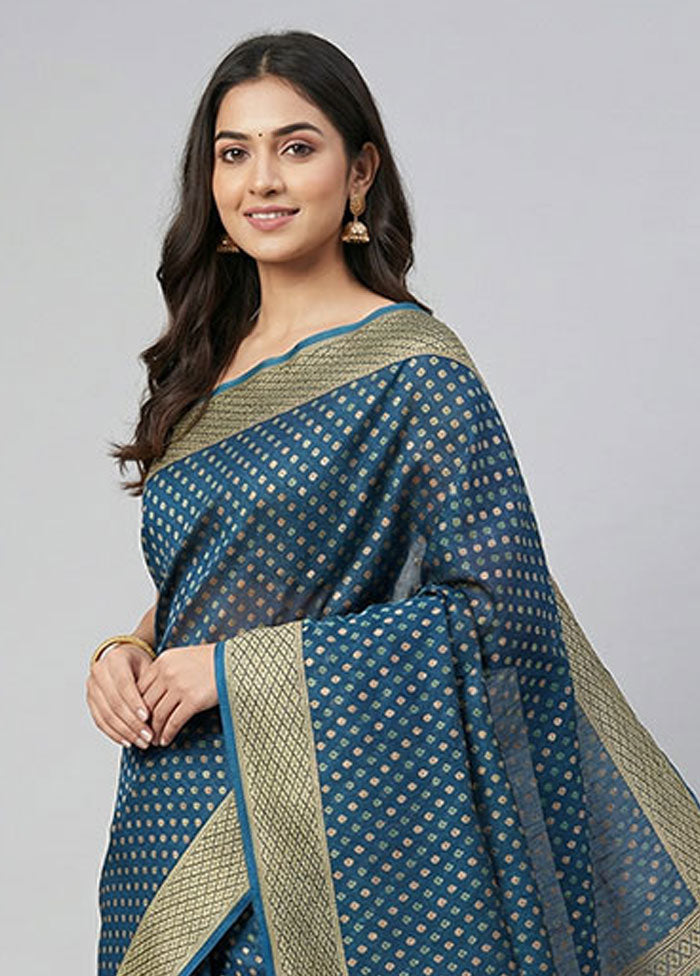 Blue Kora Silk Saree With Blouse Piece