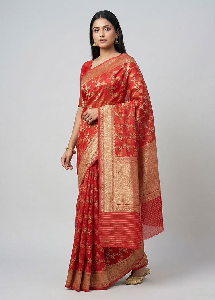 Red Kora Silk Saree With Blouse Piece