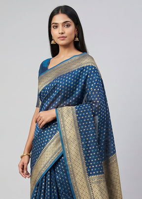 Blue Kora Silk Saree With Blouse Piece