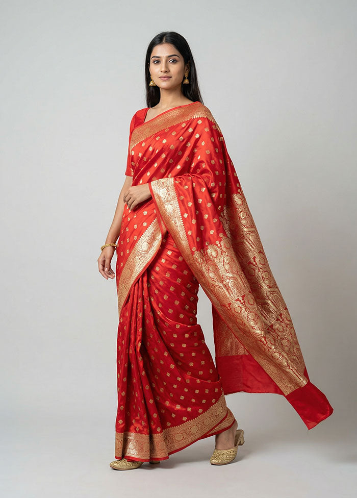 Red Banarasi Silk Saree With Blouse Piece