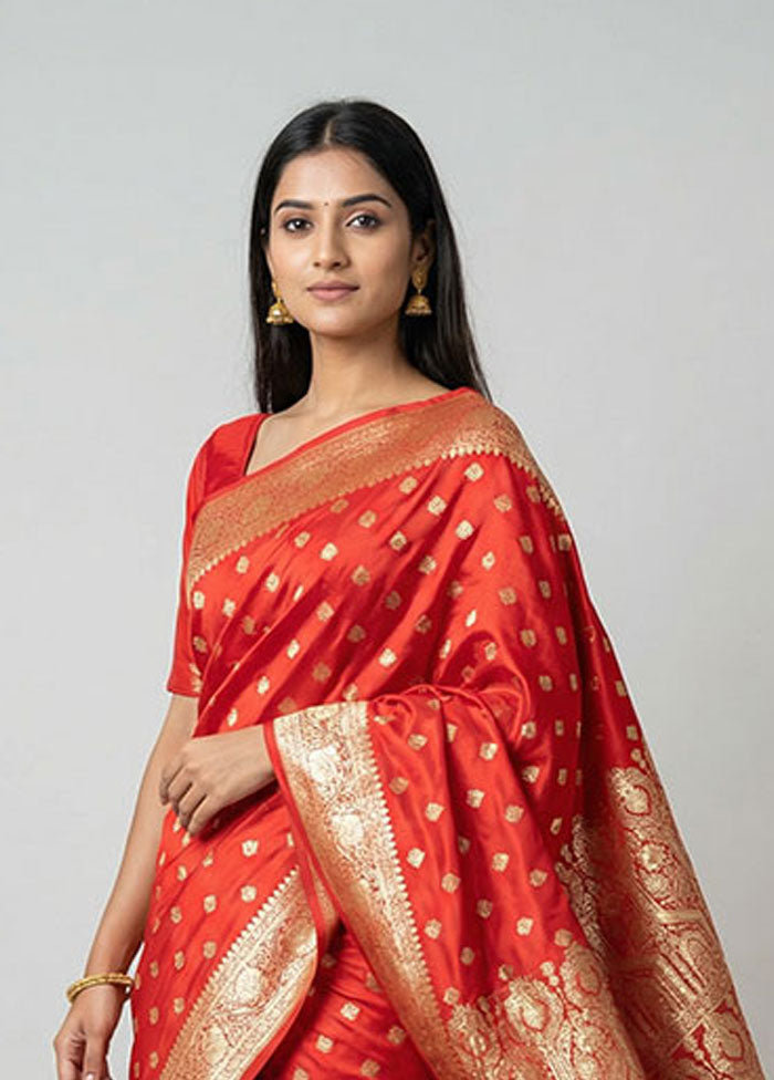 Red Banarasi Silk Saree With Blouse Piece