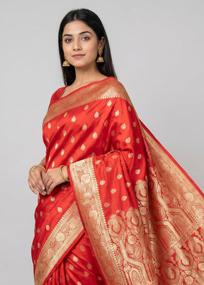 Red Banarasi Silk Saree With Blouse Piece