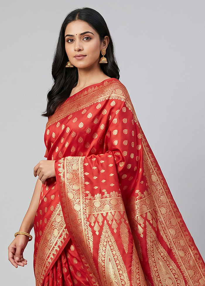 Red Banarasi Silk Saree With Blouse Piece