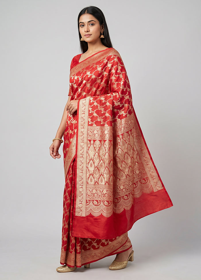 Red Handloom Banarasi Pure Silk Saree With Blouse Piece