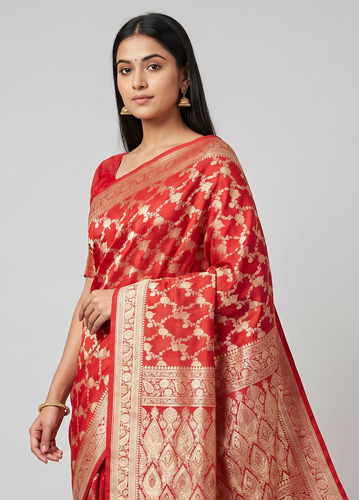 Red Handloom Banarasi Pure Silk Saree With Blouse Piece
