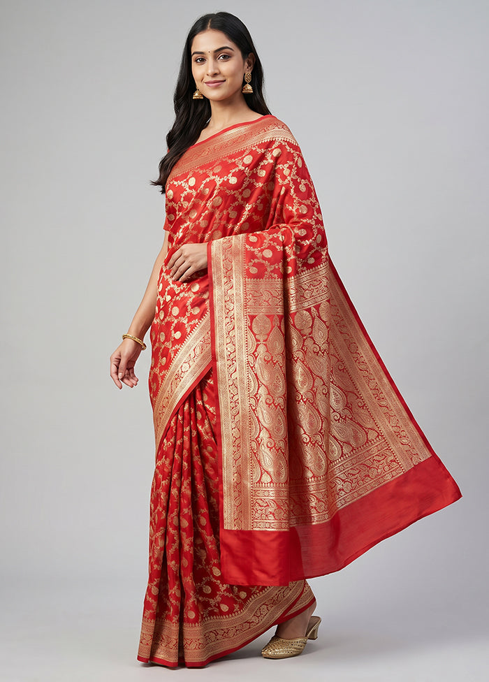 Red Handloom Banarasi Pure Silk Saree With Blouse Piece