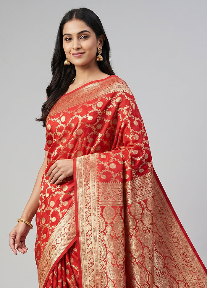Red Handloom Banarasi Pure Silk Saree With Blouse Piece
