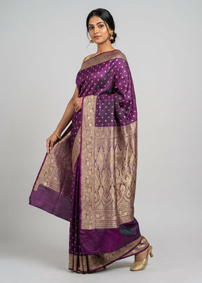 Purple Handloom Banarasi Pure Silk Saree With Blouse Piece