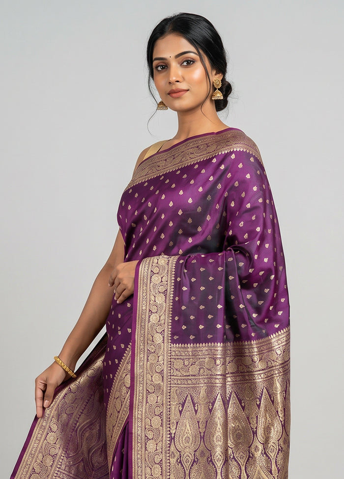 Purple Handloom Banarasi Pure Silk Saree With Blouse Piece