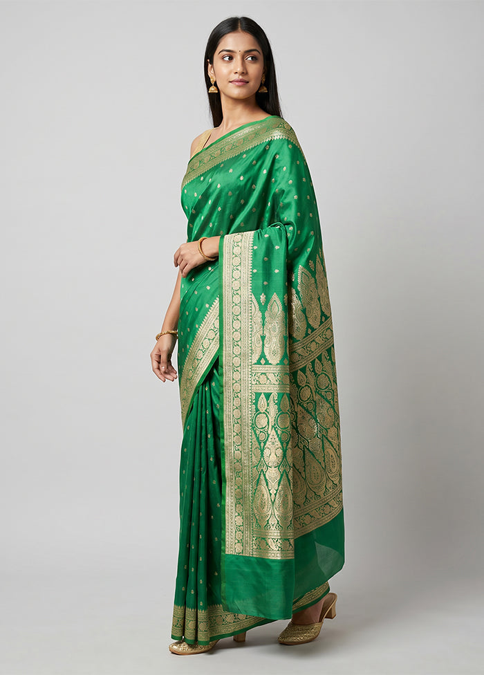 Green Handloom Banarasi Pure Silk Saree With Blouse Piece