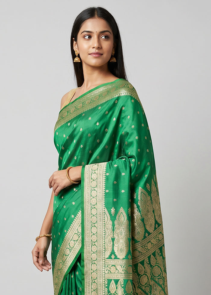 Green Handloom Banarasi Pure Silk Saree With Blouse Piece