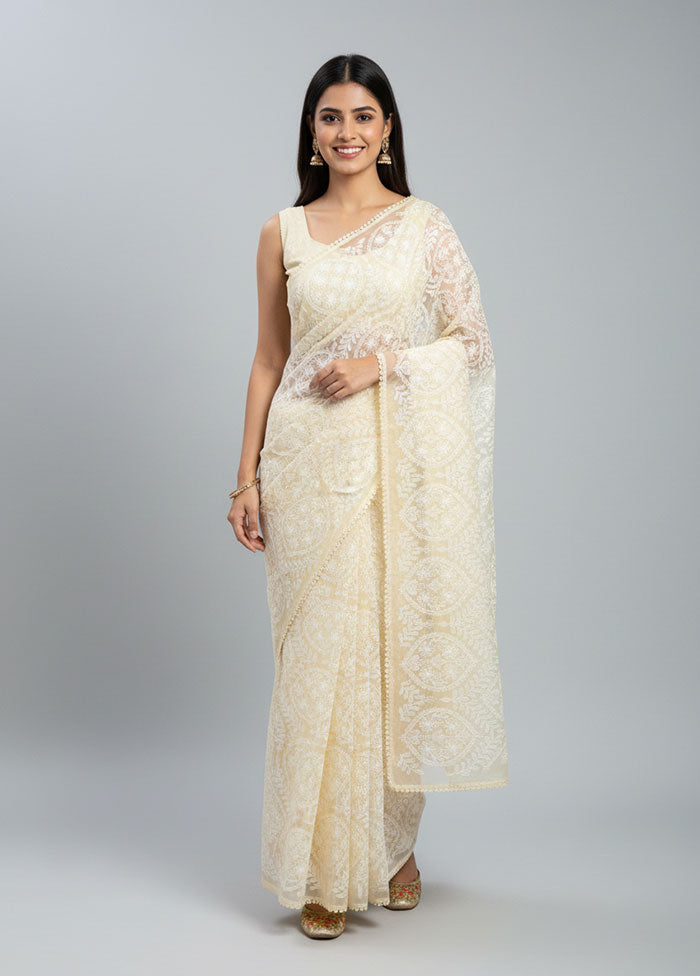 Cream Organza Saree With Blouse Piece