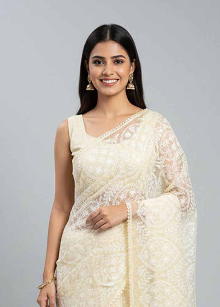 Cream Organza Saree With Blouse Piece