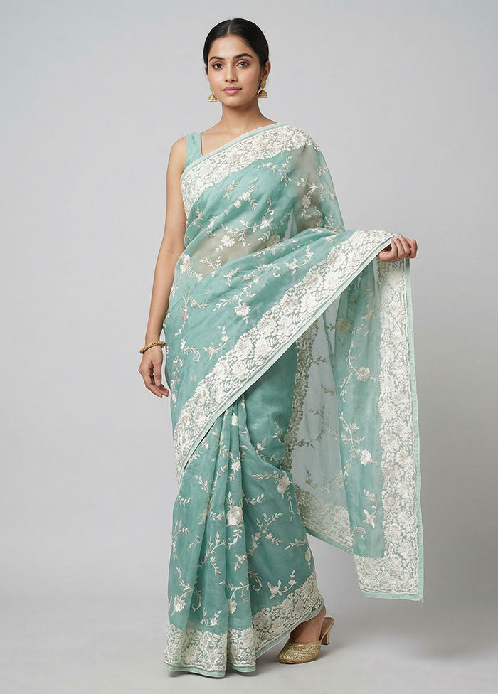 Blue Organza Saree With Blouse Piece