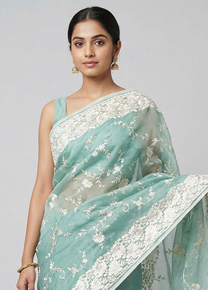 Blue Organza Saree With Blouse Piece