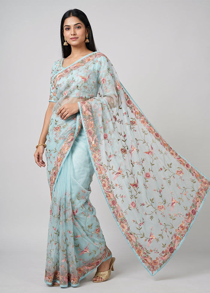 Blue Organza Saree With Blouse Piece