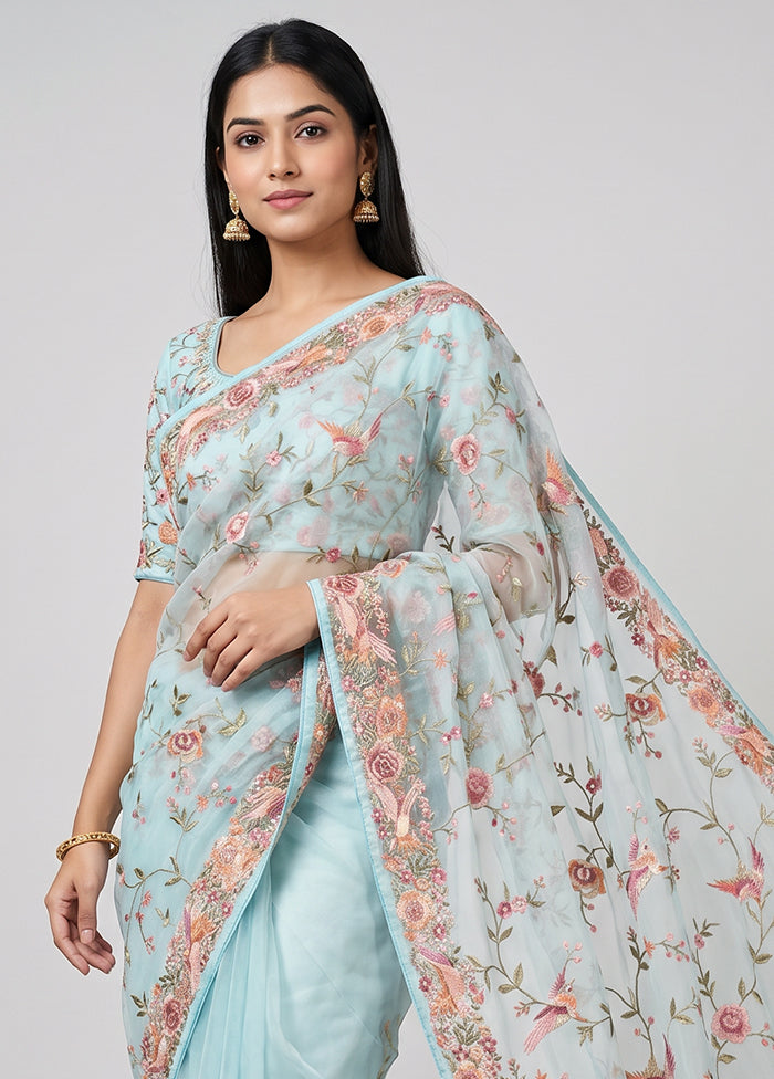 Blue Organza Saree With Blouse Piece