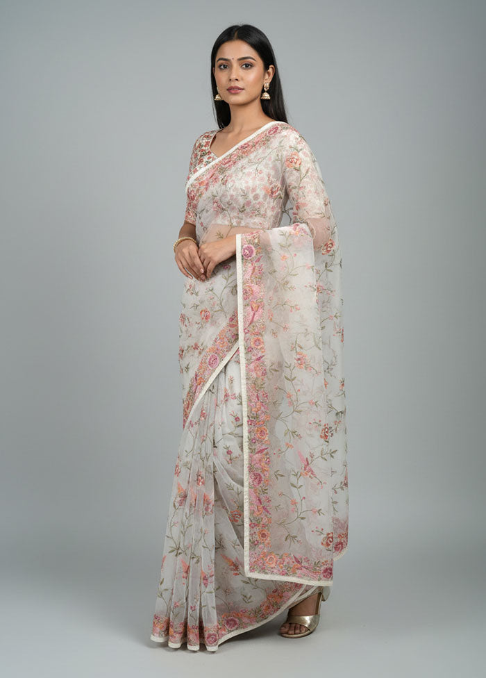 Cream Organza Saree With Blouse Piece
