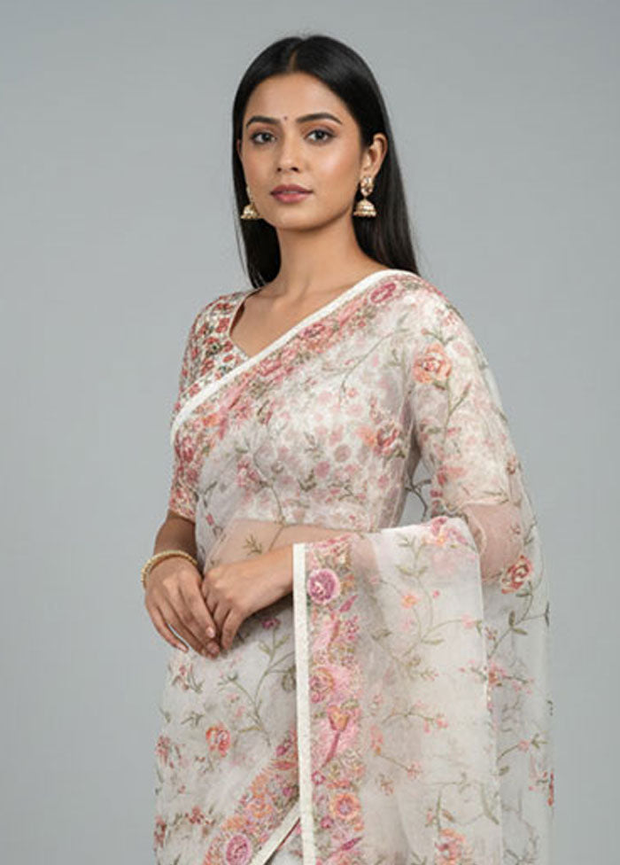 Cream Organza Saree With Blouse Piece