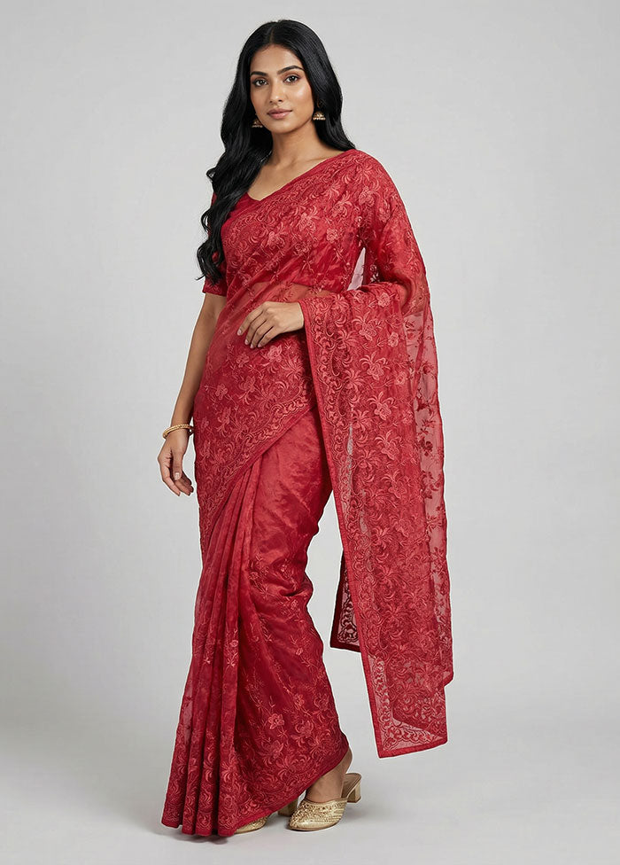 Maroon Organza Saree With Blouse Piece