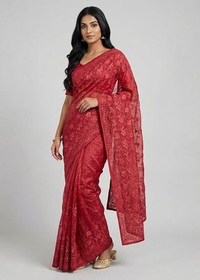 Maroon Organza Saree With Blouse Piece
